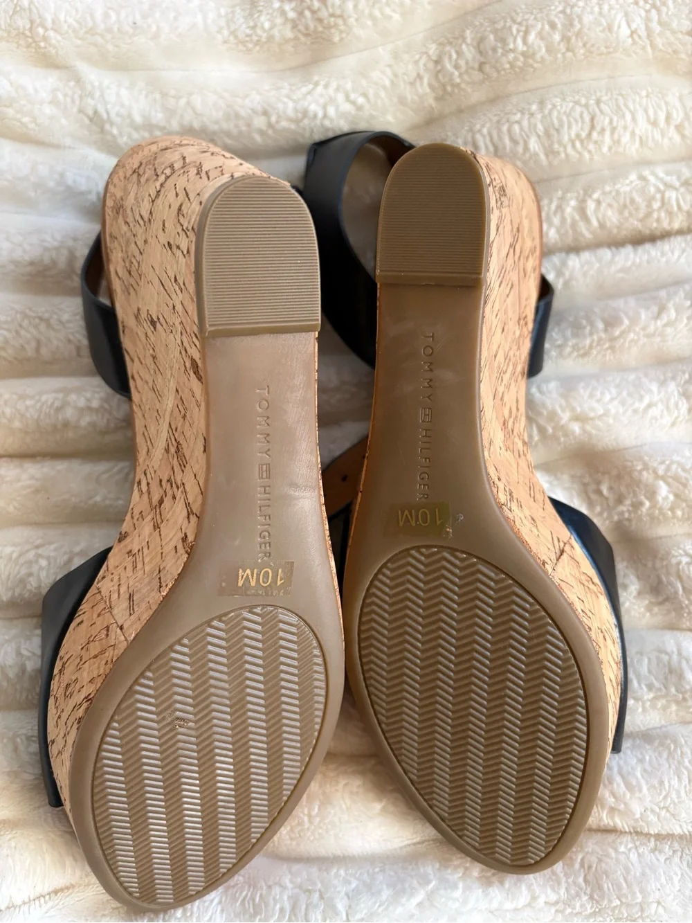 Tommy Hilfiger Black Leather Wedge Sandals with Tan Footbed